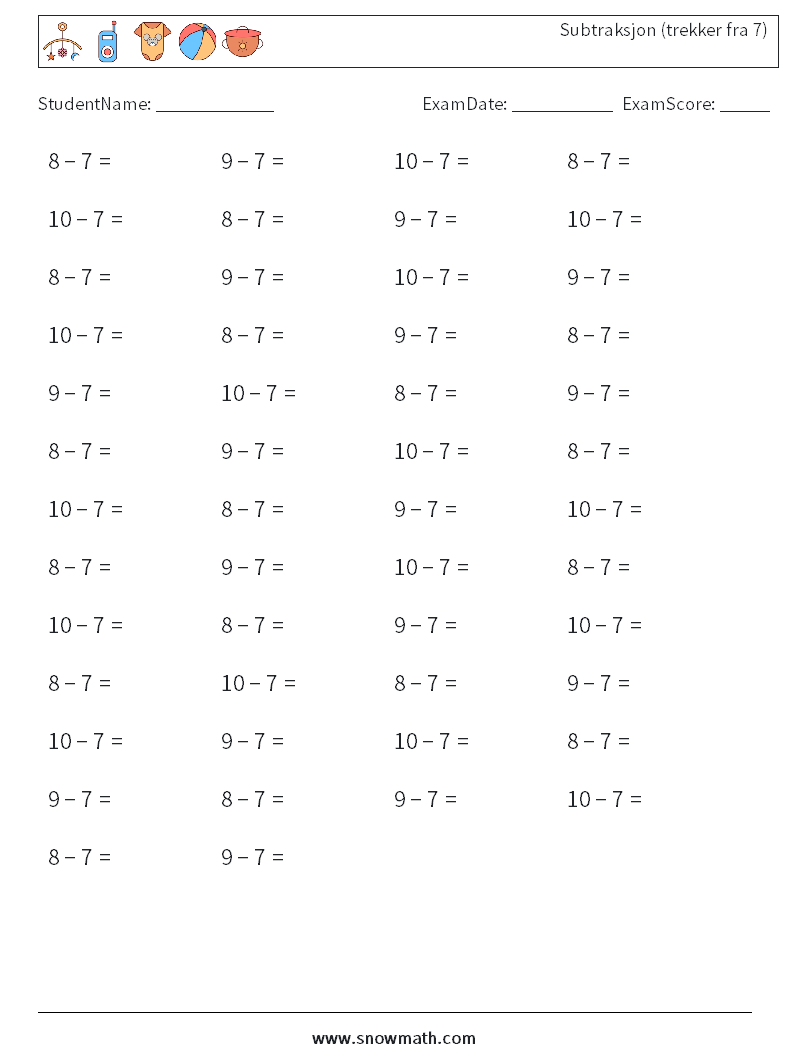 (50) Subtraksjon (trekker fra 7) MathWorksheets 3