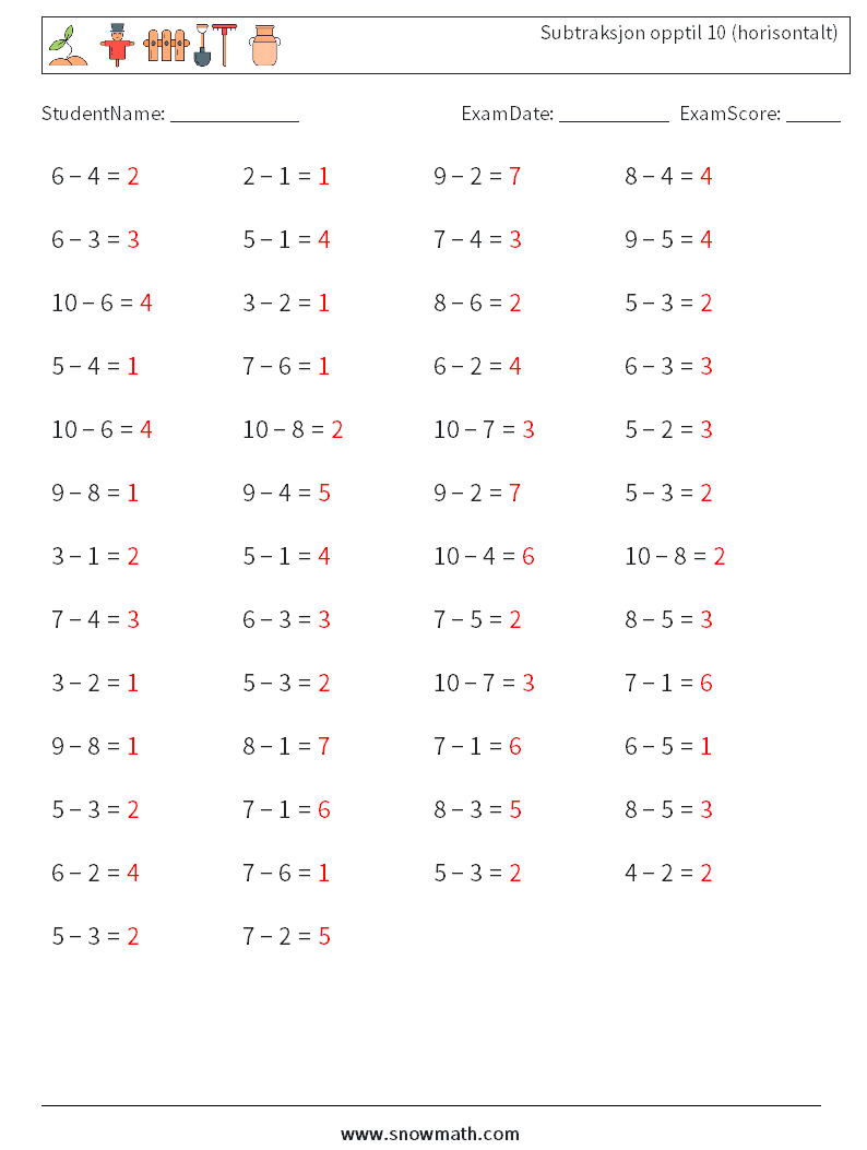 (50) Subtraksjon opptil 10 (horisontalt) MathWorksheets 1 QuestionAnswer