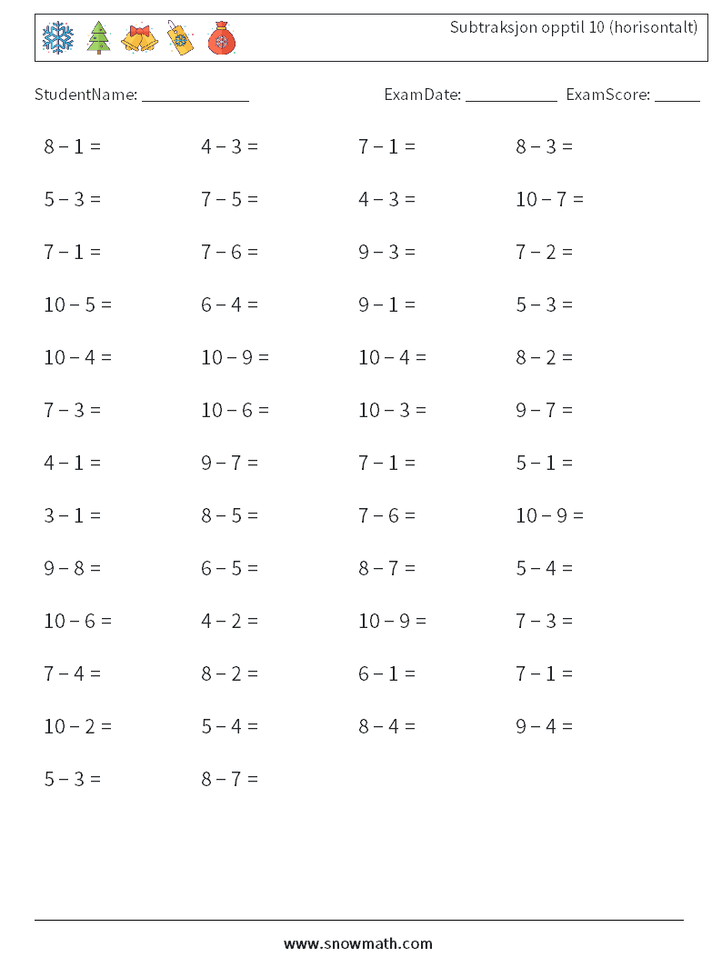 (50) Subtraksjon opptil 10 (horisontalt) MathWorksheets 2
