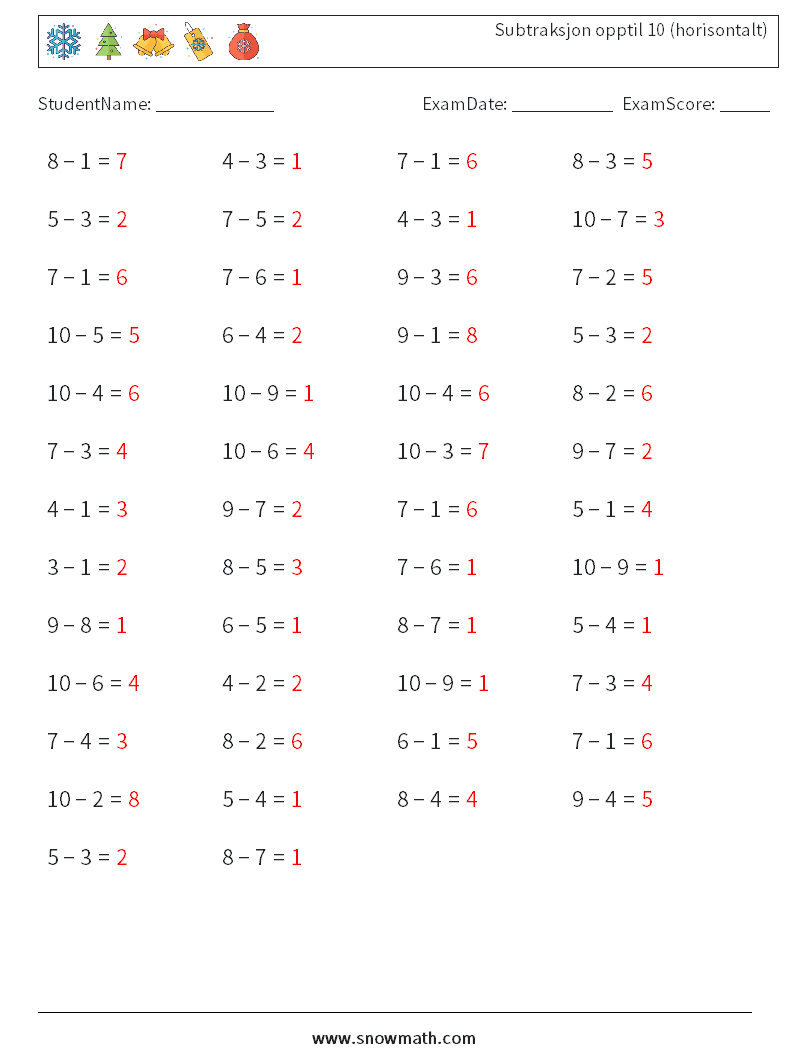(50) Subtraksjon opptil 10 (horisontalt) MathWorksheets 2 QuestionAnswer