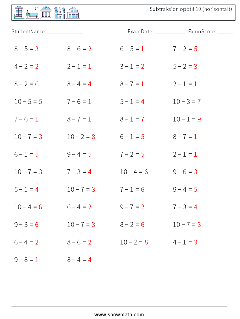 (50) Subtraksjon opptil 10 (horisontalt) MathWorksheets 3 QuestionAnswer