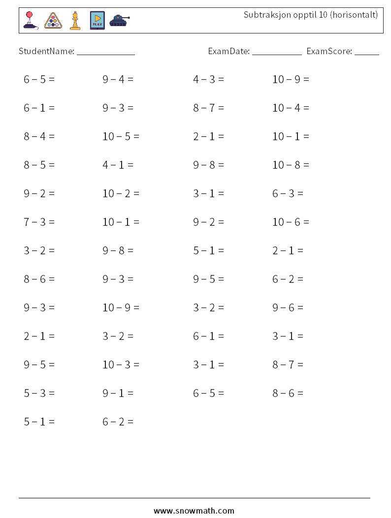 (50) Subtraksjon opptil 10 (horisontalt) MathWorksheets 5