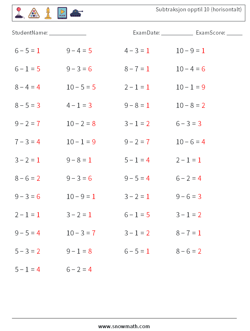 (50) Subtraksjon opptil 10 (horisontalt) MathWorksheets 5 QuestionAnswer