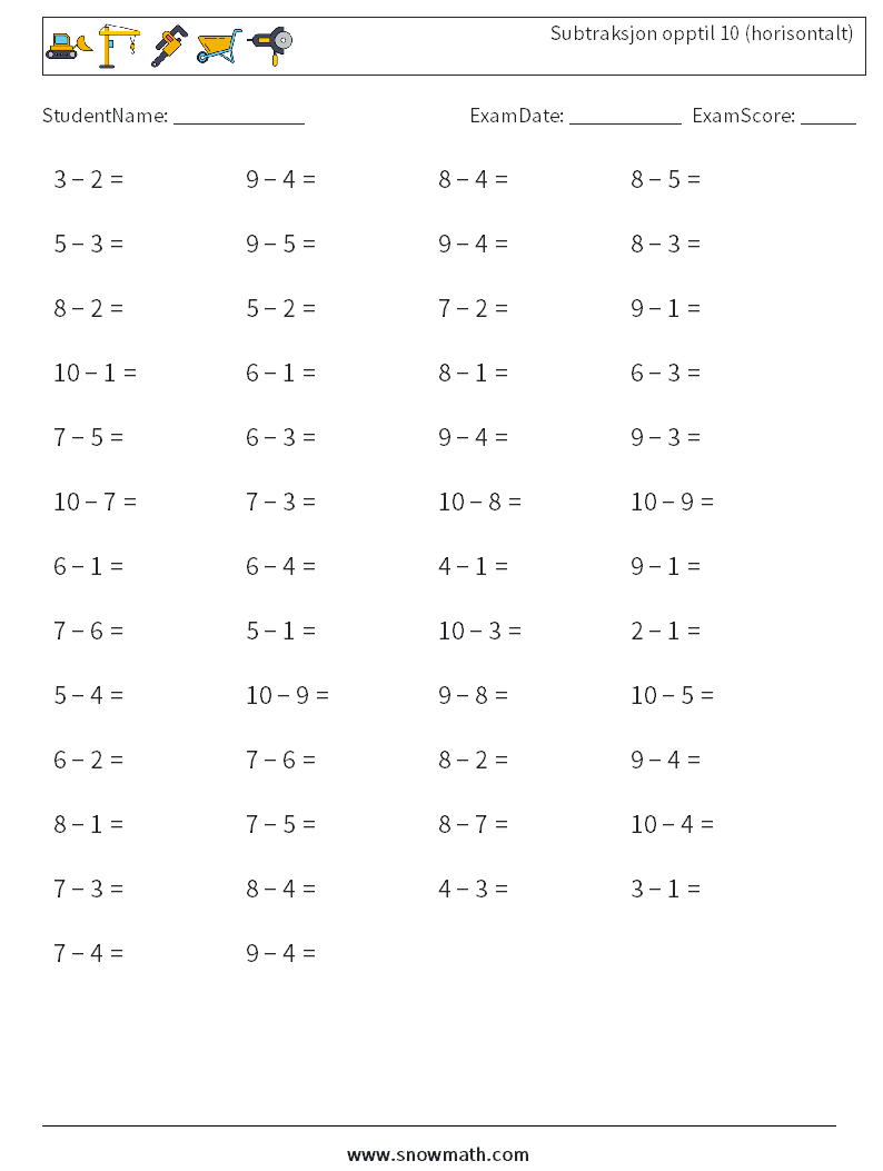 (50) Subtraksjon opptil 10 (horisontalt) MathWorksheets 6
