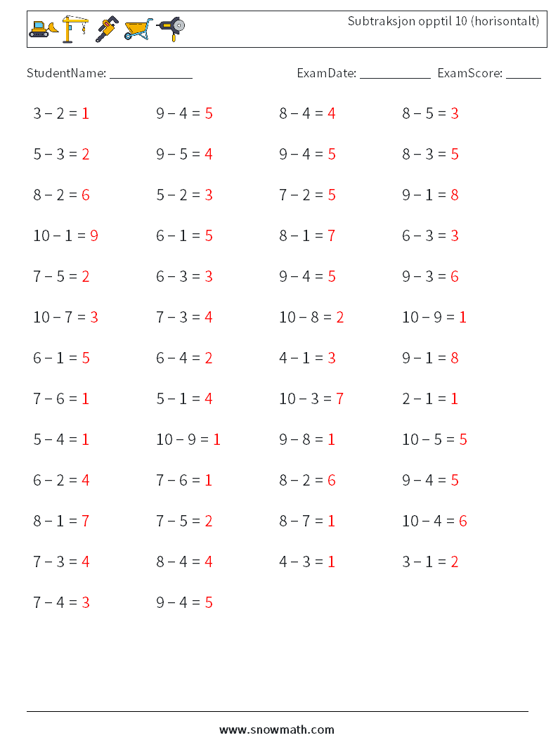 (50) Subtraksjon opptil 10 (horisontalt) MathWorksheets 6 QuestionAnswer