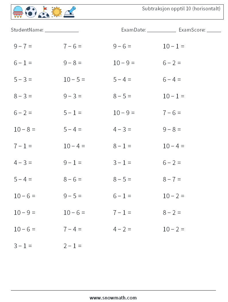 (50) Subtraksjon opptil 10 (horisontalt) MathWorksheets 7