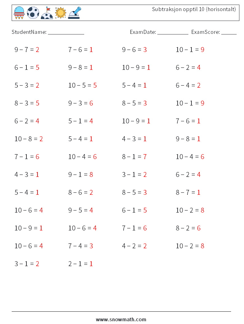 (50) Subtraksjon opptil 10 (horisontalt) MathWorksheets 7 QuestionAnswer