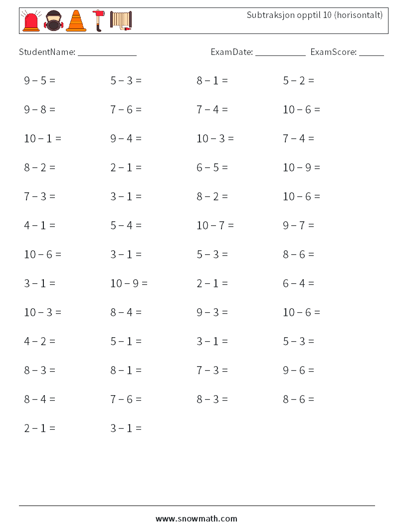 (50) Subtraksjon opptil 10 (horisontalt) MathWorksheets 8