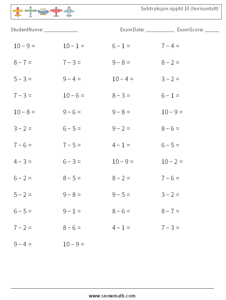 (50) Subtraksjon opptil 10 (horisontalt) MathWorksheets 9