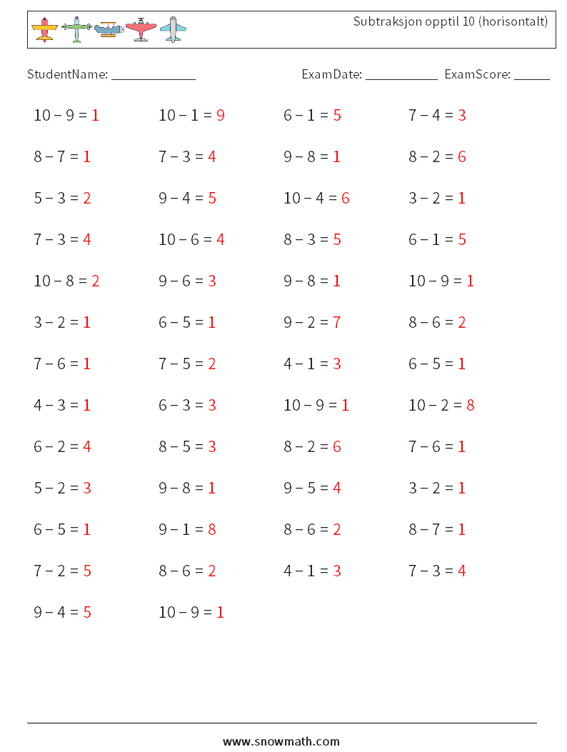 (50) Subtraksjon opptil 10 (horisontalt) MathWorksheets 9 QuestionAnswer