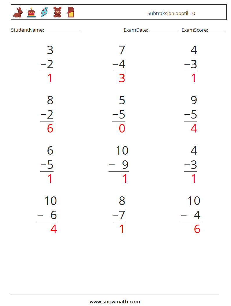 (12) Subtraksjon opptil 10 MathWorksheets 2 QuestionAnswer