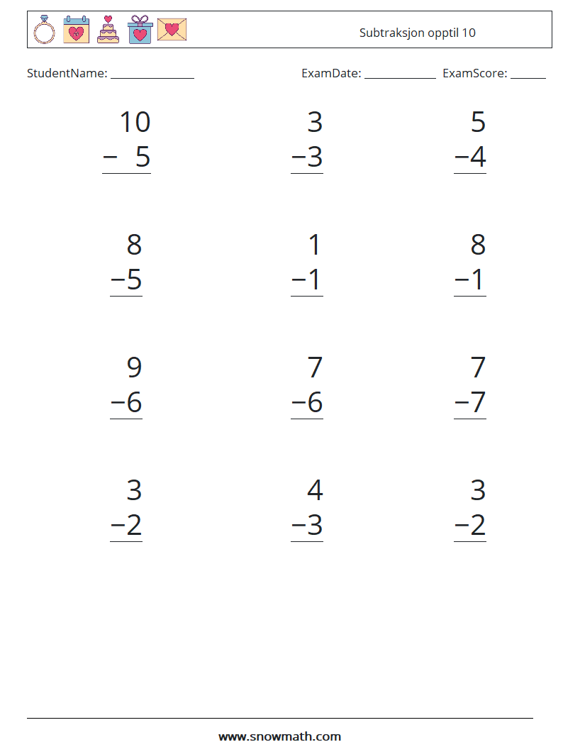 (12) Subtraksjon opptil 10 MathWorksheets 4