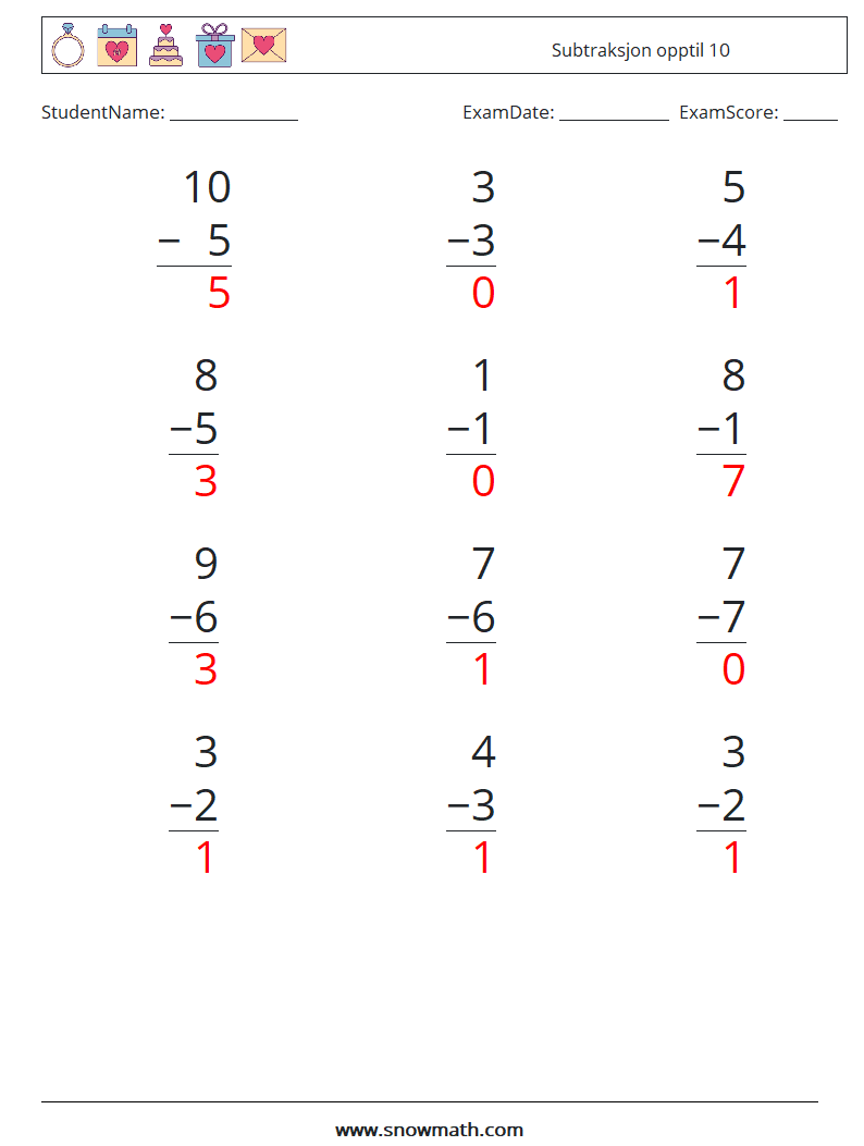(12) Subtraksjon opptil 10 MathWorksheets 4 QuestionAnswer