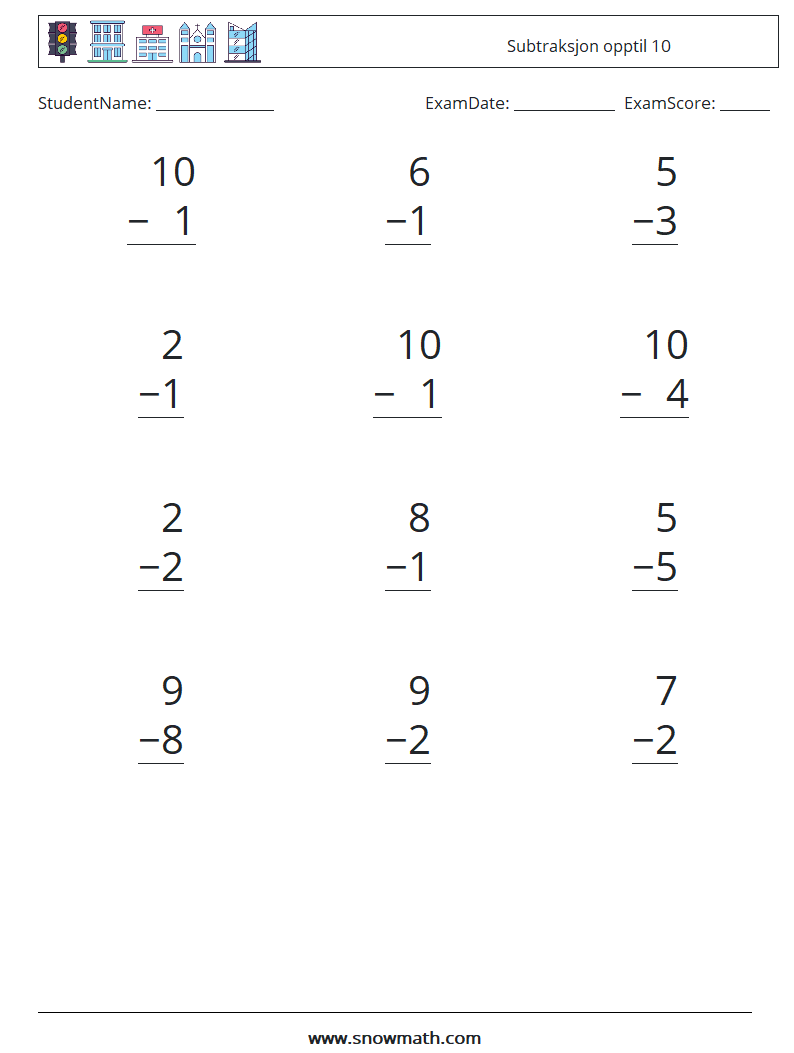 (12) Subtraksjon opptil 10 MathWorksheets 6