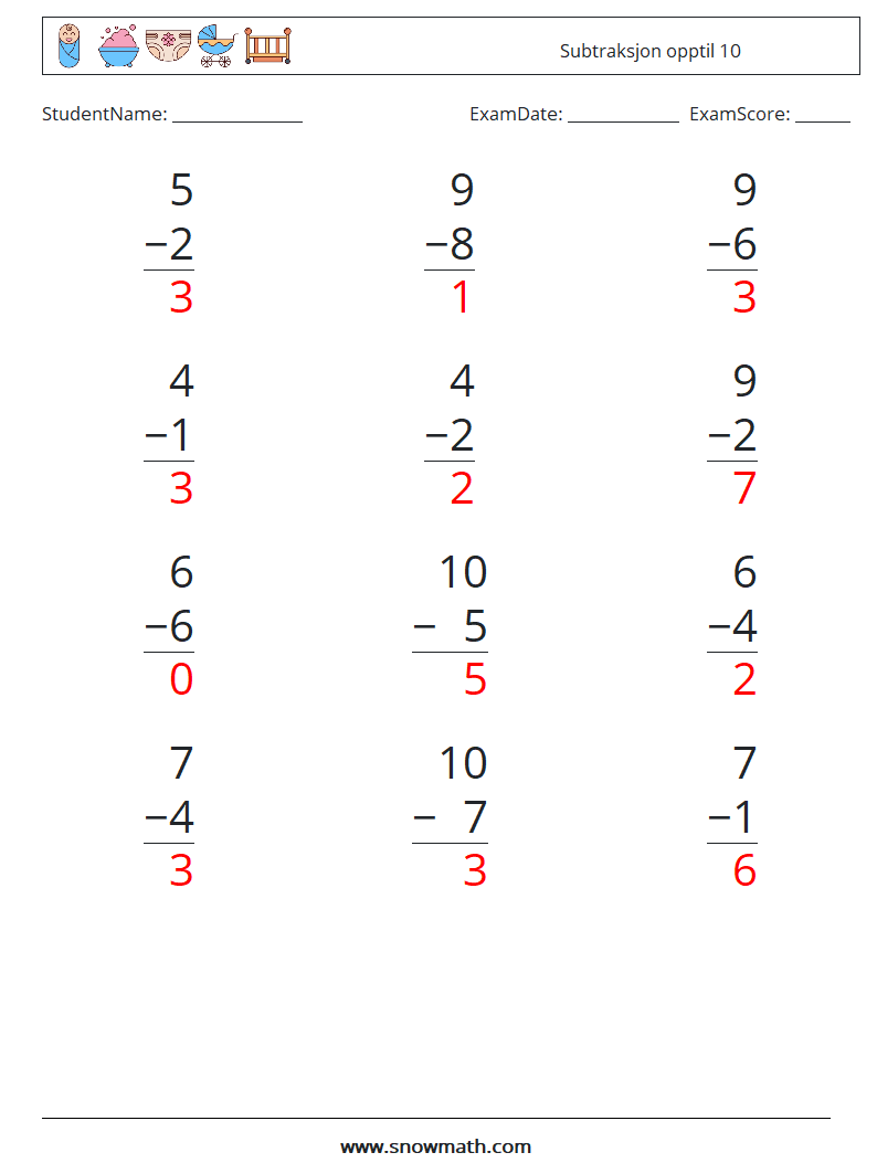 (12) Subtraksjon opptil 10 MathWorksheets 7 QuestionAnswer