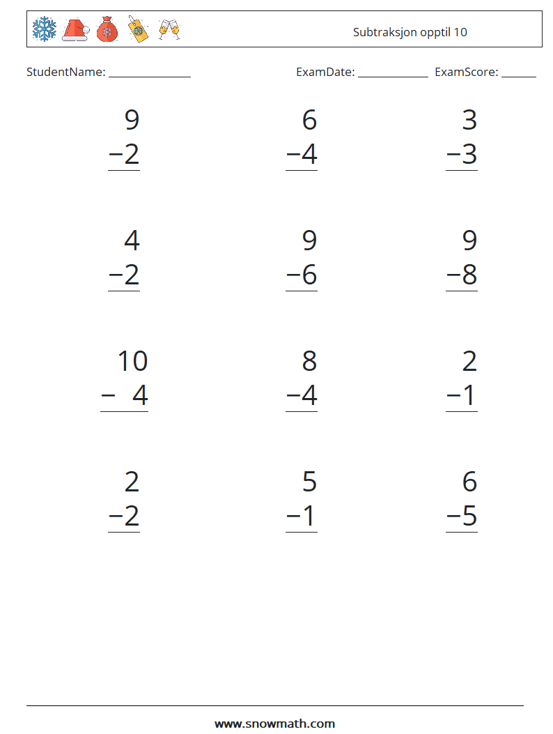 (12) Subtraksjon opptil 10 MathWorksheets 8