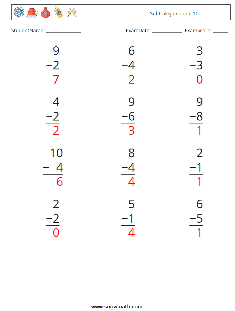 (12) Subtraksjon opptil 10 MathWorksheets 8 QuestionAnswer