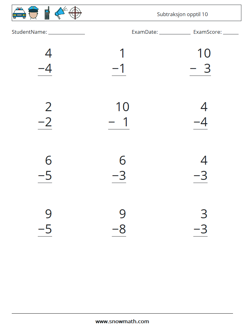 (12) Subtraksjon opptil 10 MathWorksheets 9