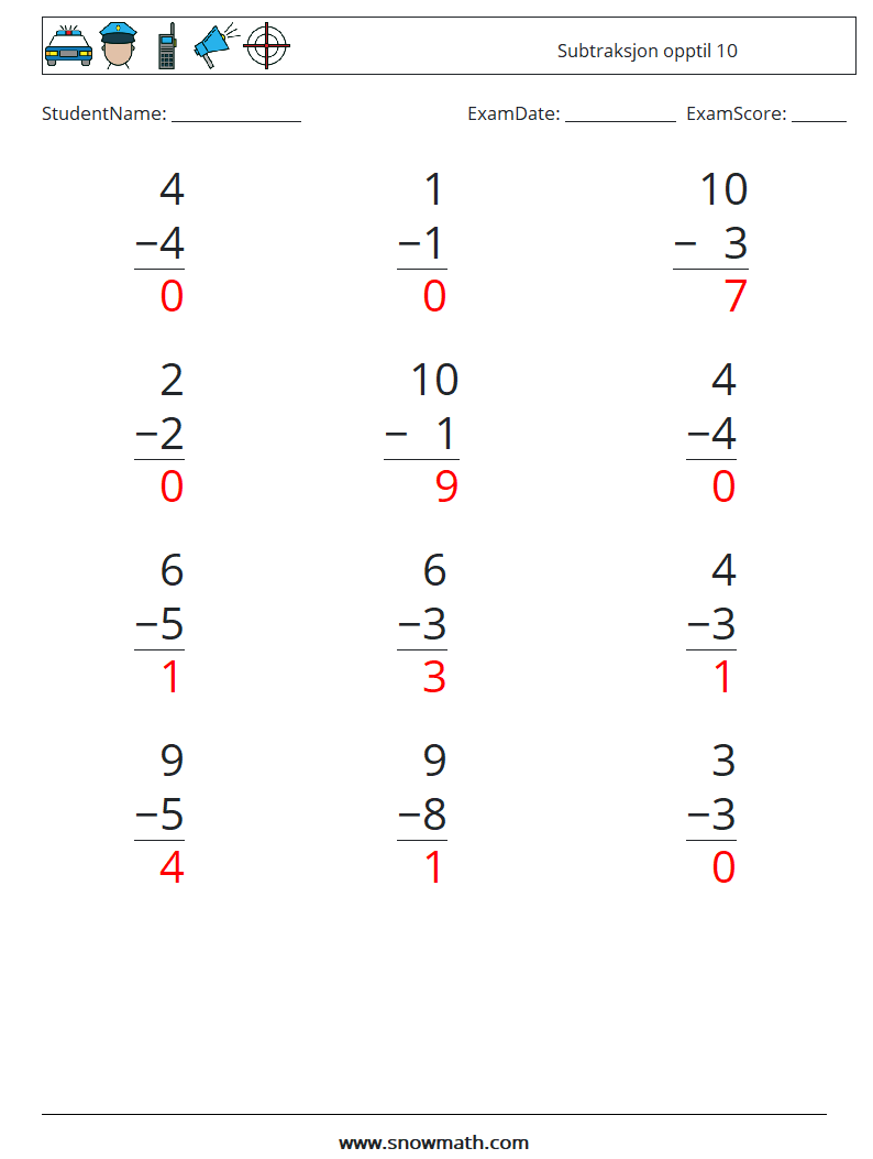 (12) Subtraksjon opptil 10 MathWorksheets 9 QuestionAnswer
