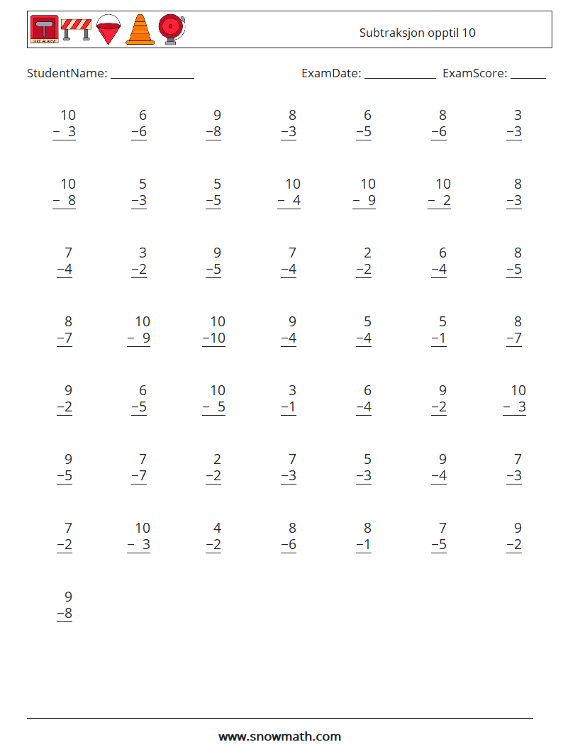 (50) Subtraksjon opptil 10 MathWorksheets 2