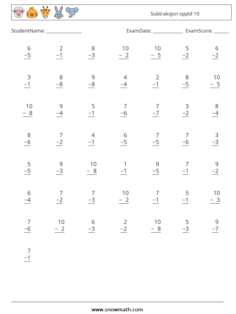 (50) Subtraksjon opptil 10 MathWorksheets 6