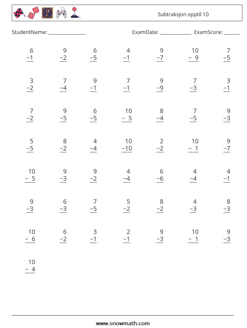 (50) Subtraksjon opptil 10 MathWorksheets 7