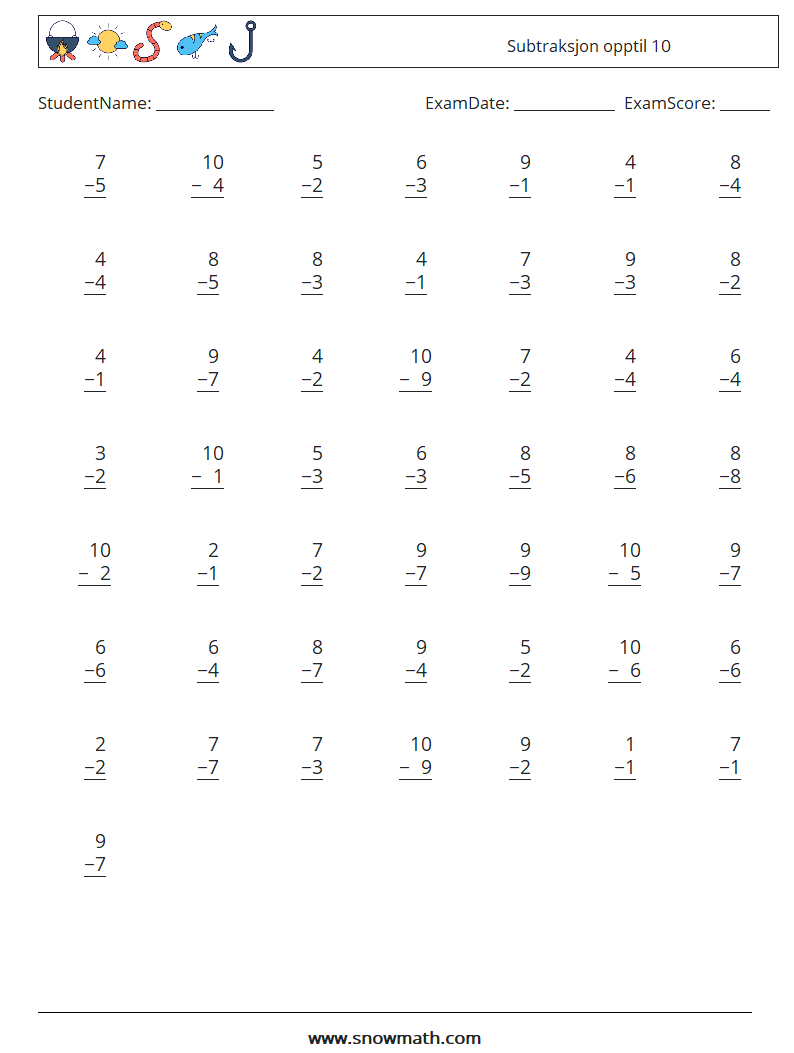 (50) Subtraksjon opptil 10 MathWorksheets 8