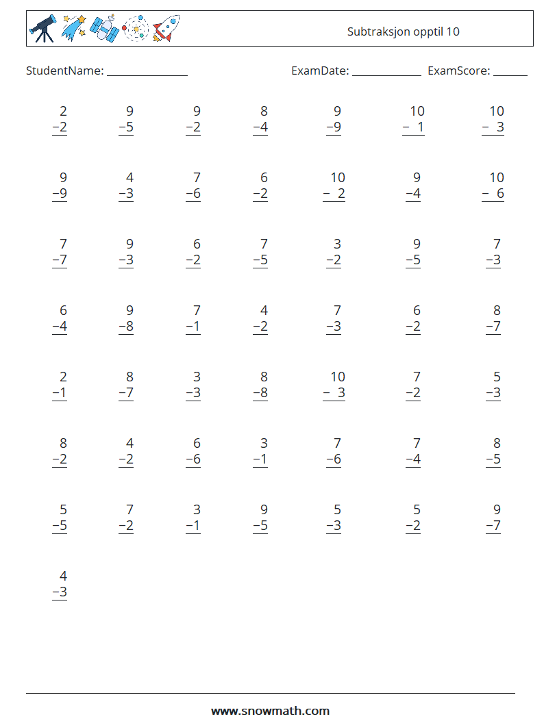 (50) Subtraksjon opptil 10 MathWorksheets 9