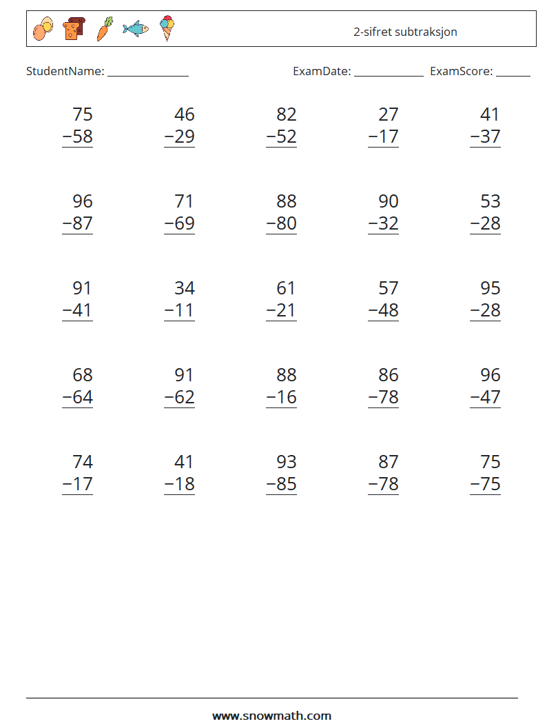 (25) 2-sifret subtraksjon MathWorksheets 10