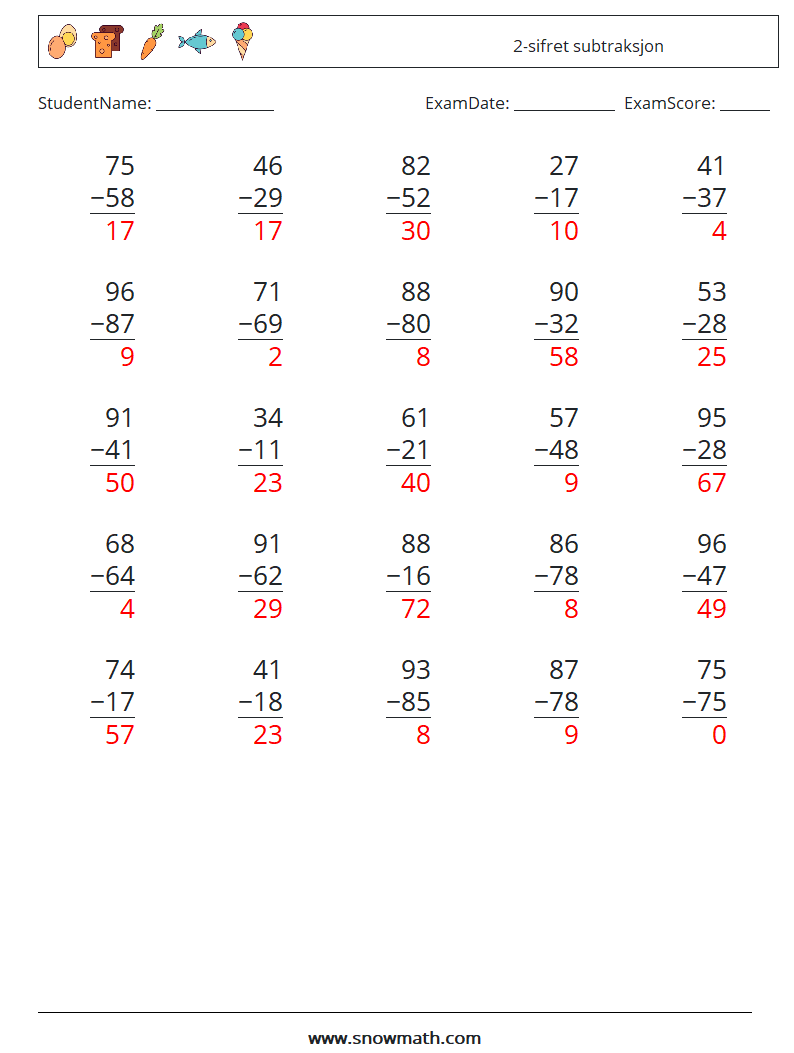 (25) 2-sifret subtraksjon MathWorksheets 10 QuestionAnswer