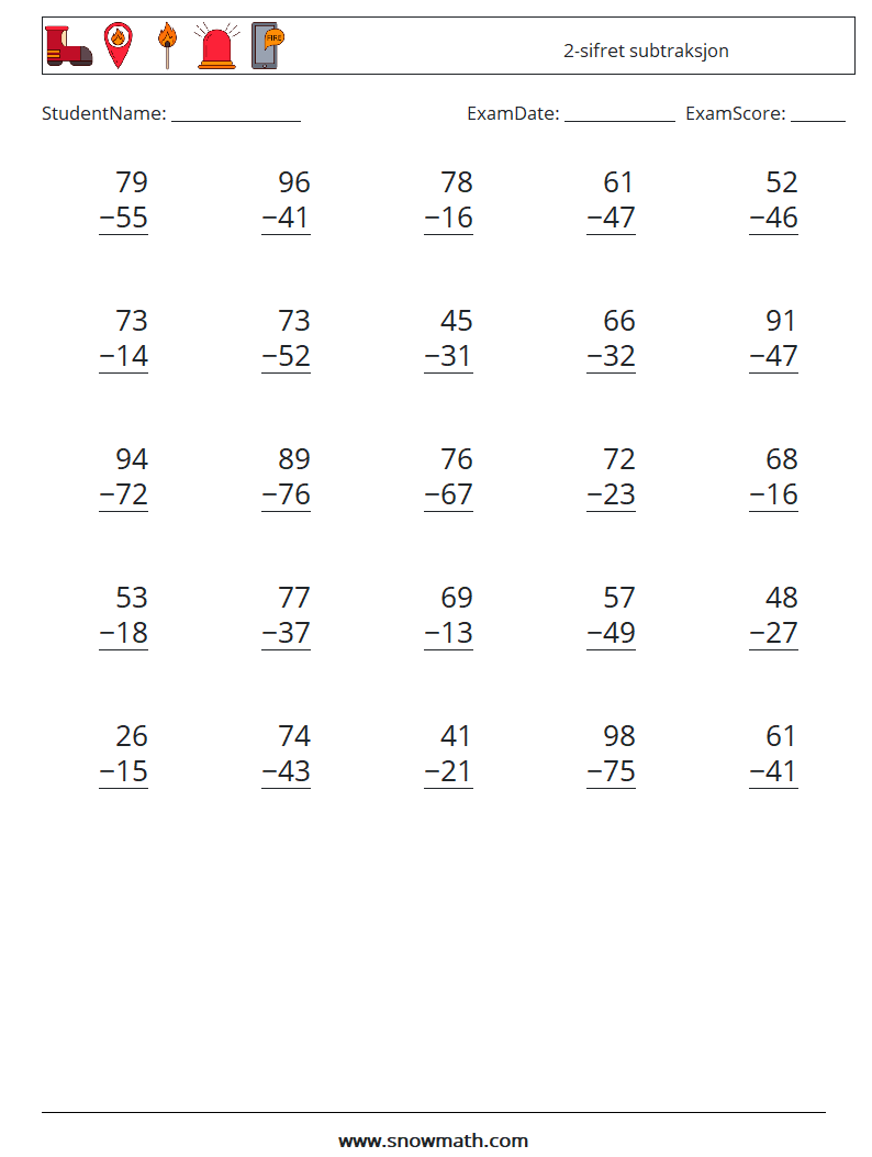 (25) 2-sifret subtraksjon MathWorksheets 11