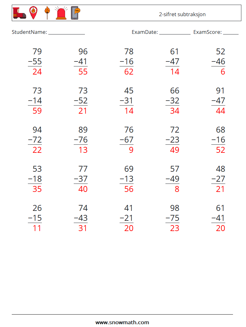(25) 2-sifret subtraksjon MathWorksheets 11 QuestionAnswer