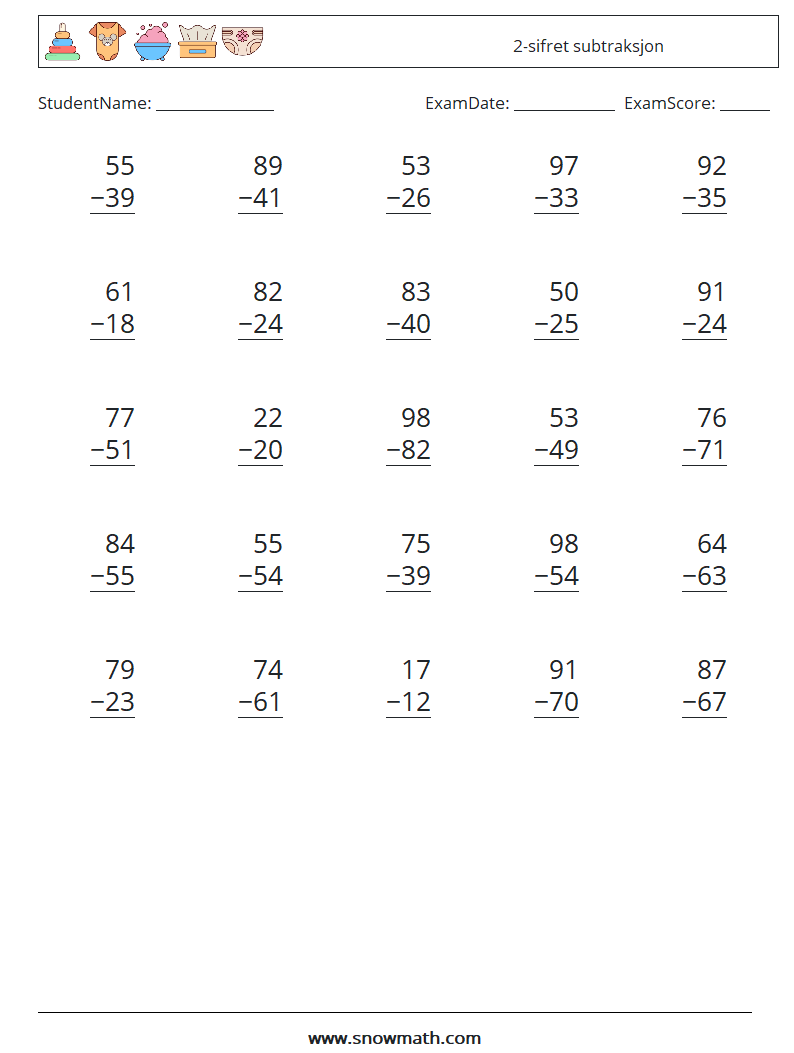 (25) 2-sifret subtraksjon MathWorksheets 12