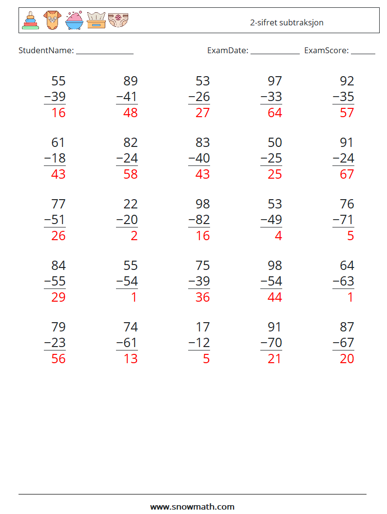 (25) 2-sifret subtraksjon MathWorksheets 12 QuestionAnswer