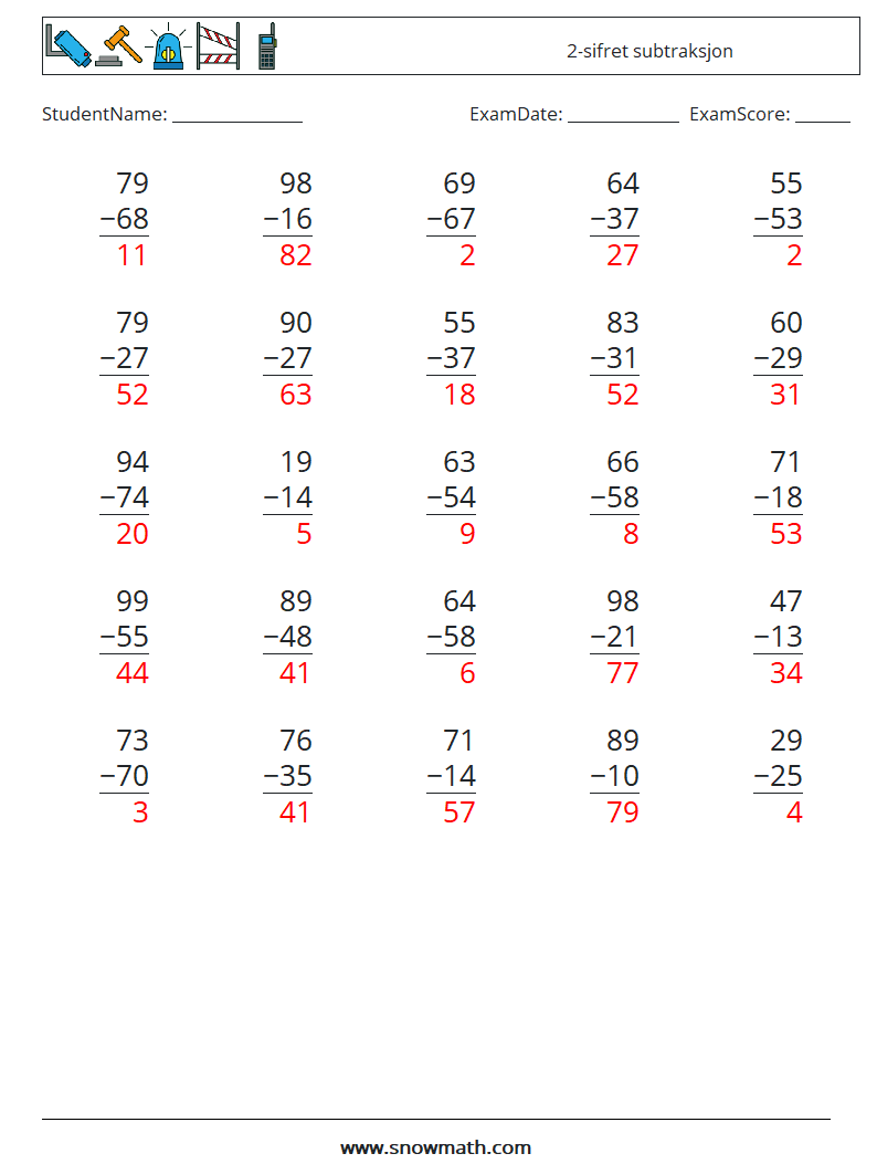(25) 2-sifret subtraksjon MathWorksheets 13 QuestionAnswer