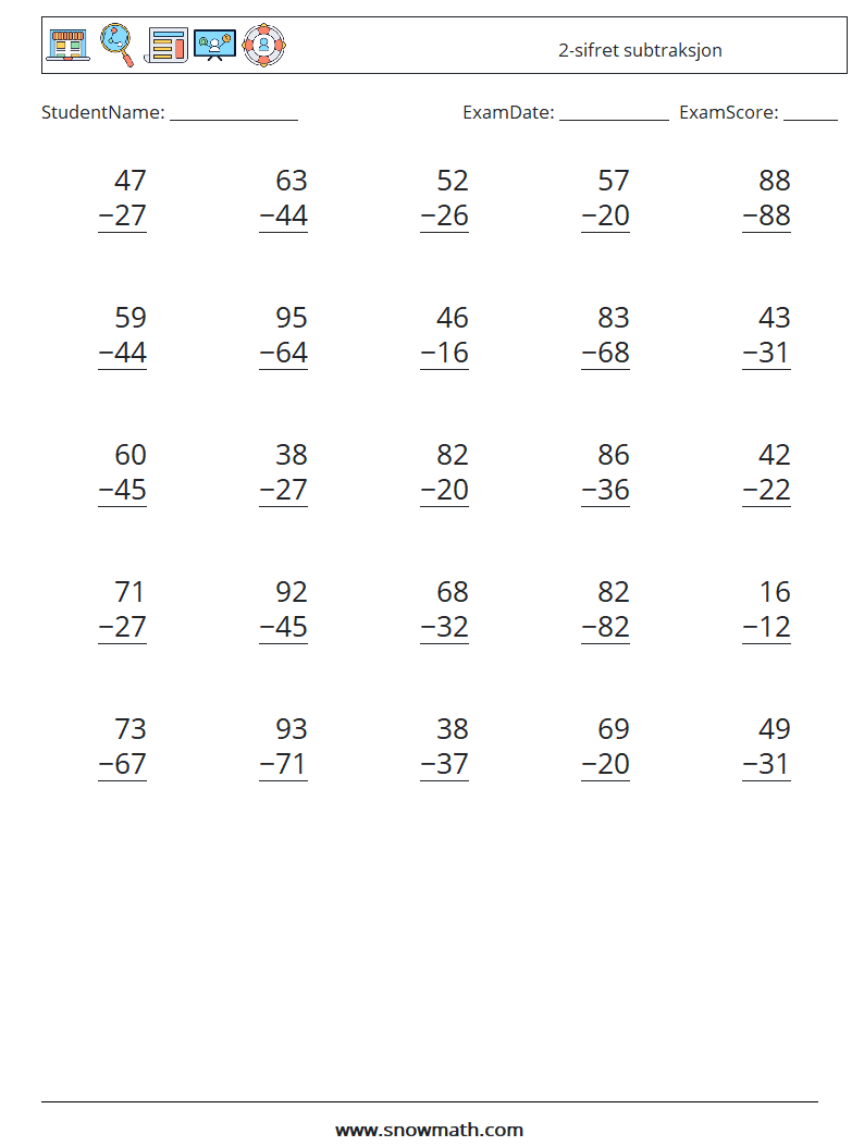(25) 2-sifret subtraksjon MathWorksheets 14
