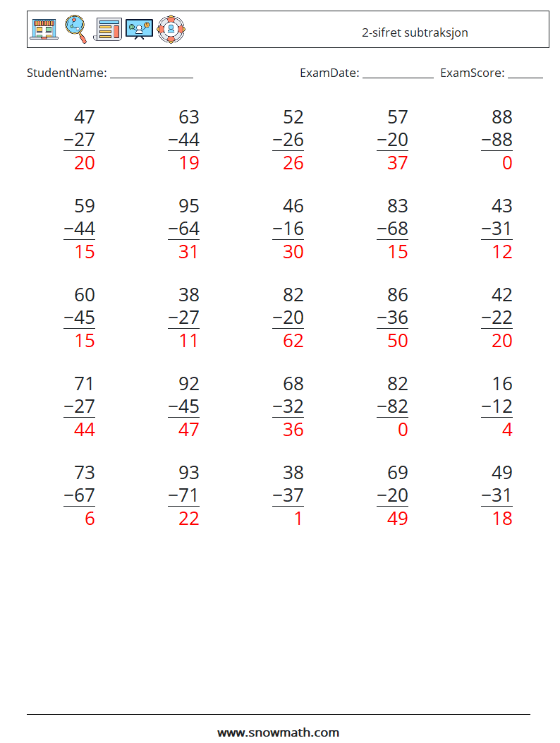 (25) 2-sifret subtraksjon MathWorksheets 14 QuestionAnswer