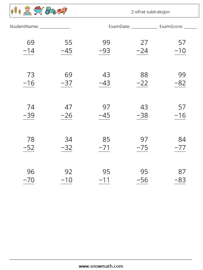 (25) 2-sifret subtraksjon MathWorksheets 15