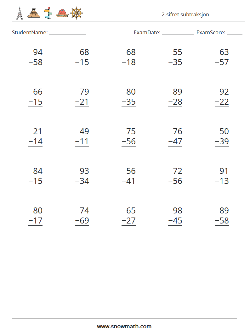 (25) 2-sifret subtraksjon MathWorksheets 16