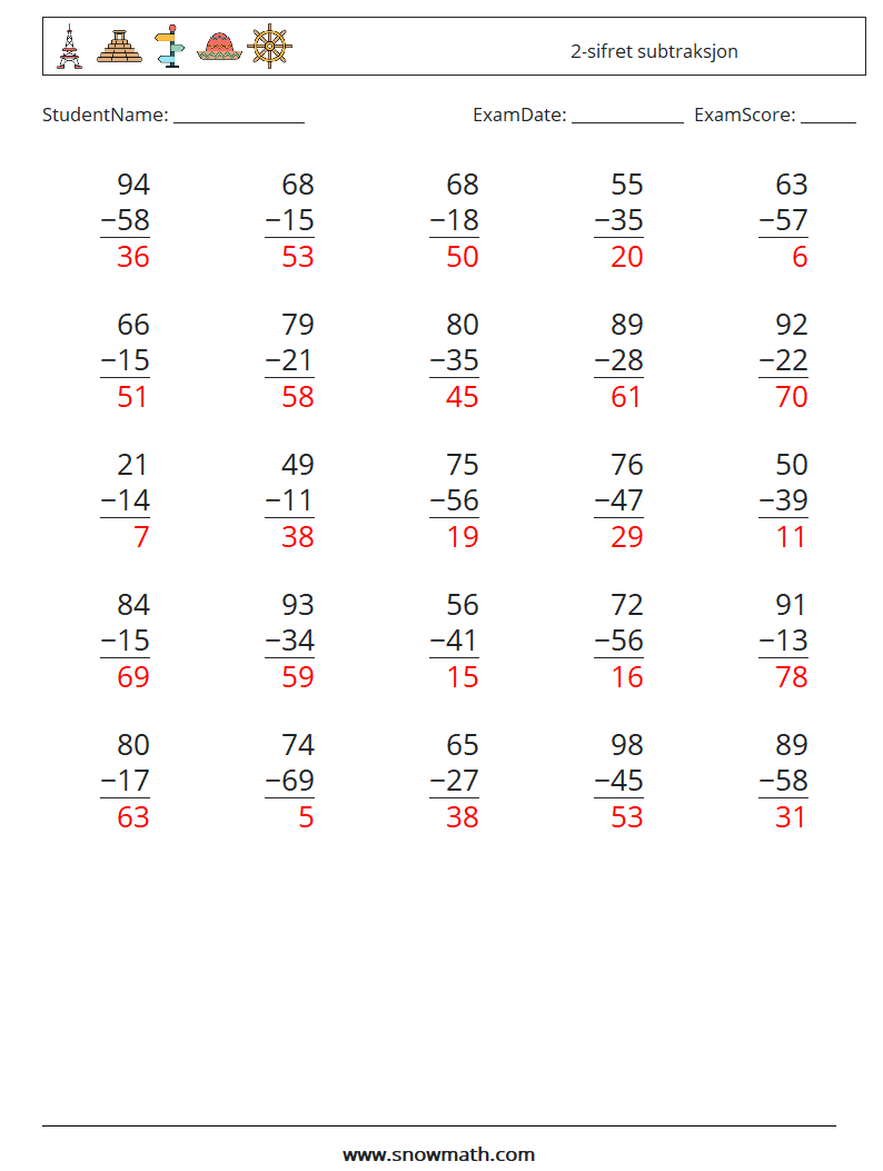 (25) 2-sifret subtraksjon MathWorksheets 16 QuestionAnswer