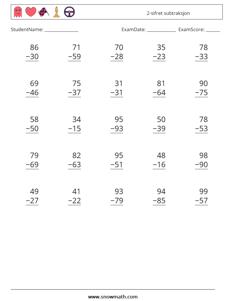 (25) 2-sifret subtraksjon MathWorksheets 17