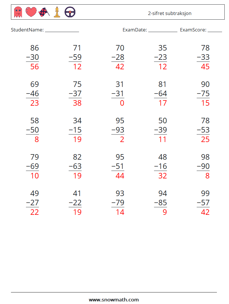 (25) 2-sifret subtraksjon MathWorksheets 17 QuestionAnswer