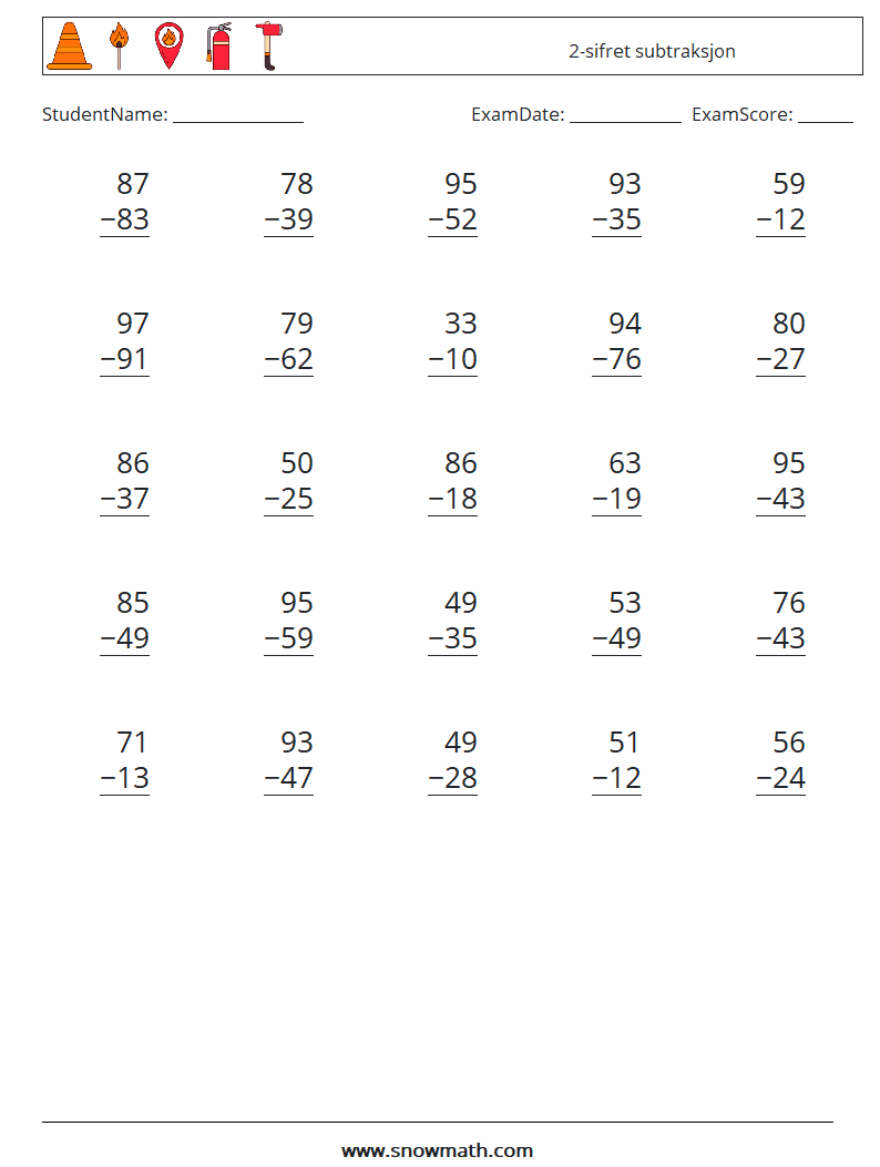 (25) 2-sifret subtraksjon MathWorksheets 18