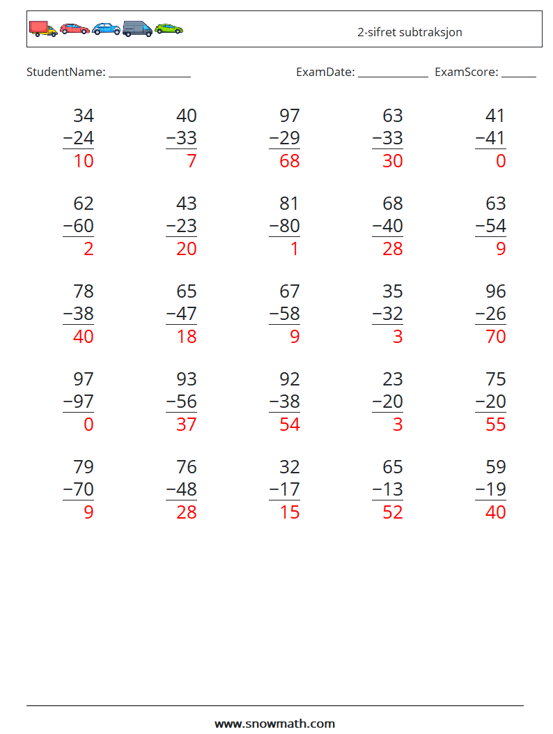 (25) 2-sifret subtraksjon MathWorksheets 1 QuestionAnswer