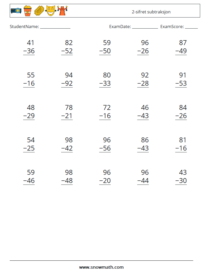 (25) 2-sifret subtraksjon MathWorksheets 2