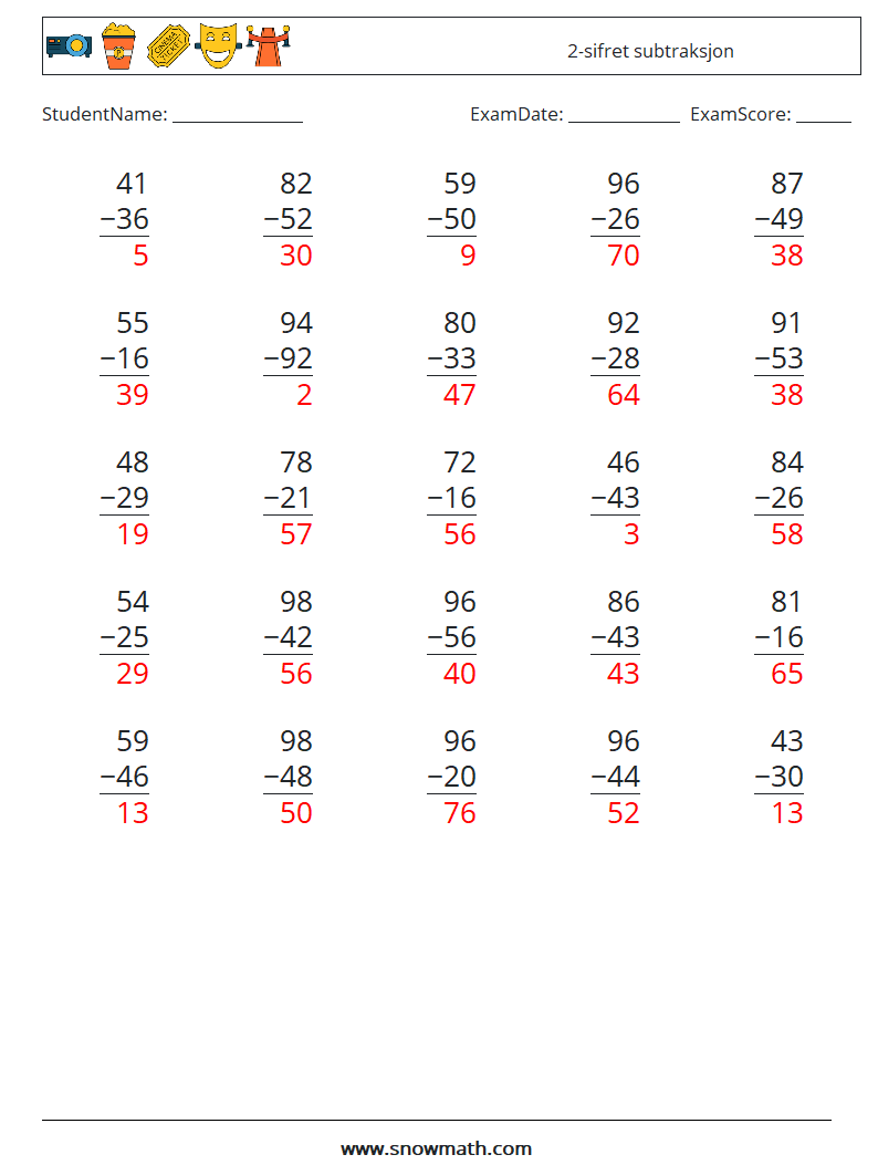 (25) 2-sifret subtraksjon MathWorksheets 2 QuestionAnswer