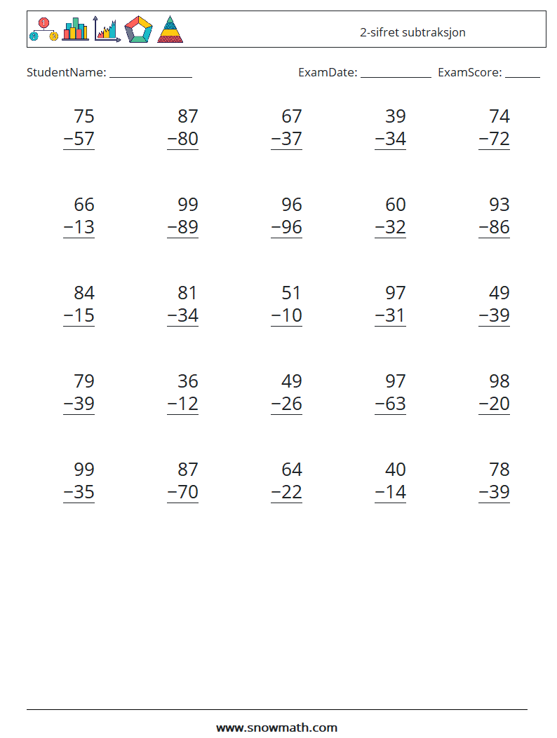 (25) 2-sifret subtraksjon MathWorksheets 3