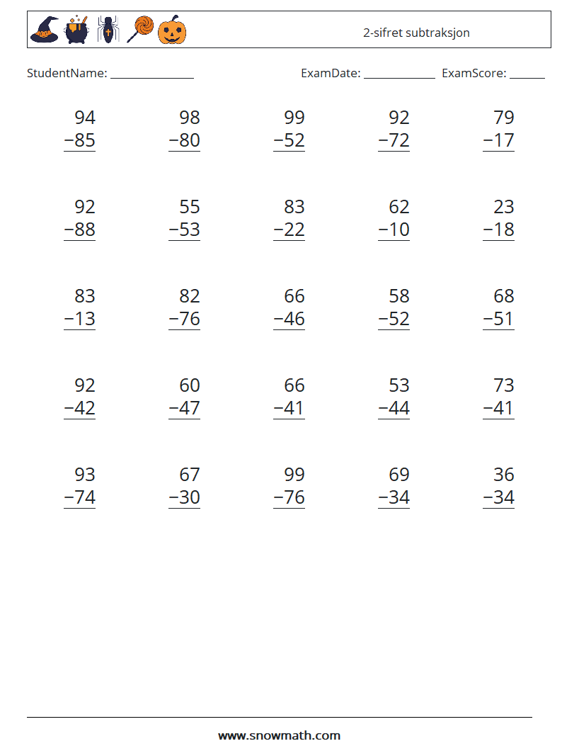 (25) 2-sifret subtraksjon MathWorksheets 4