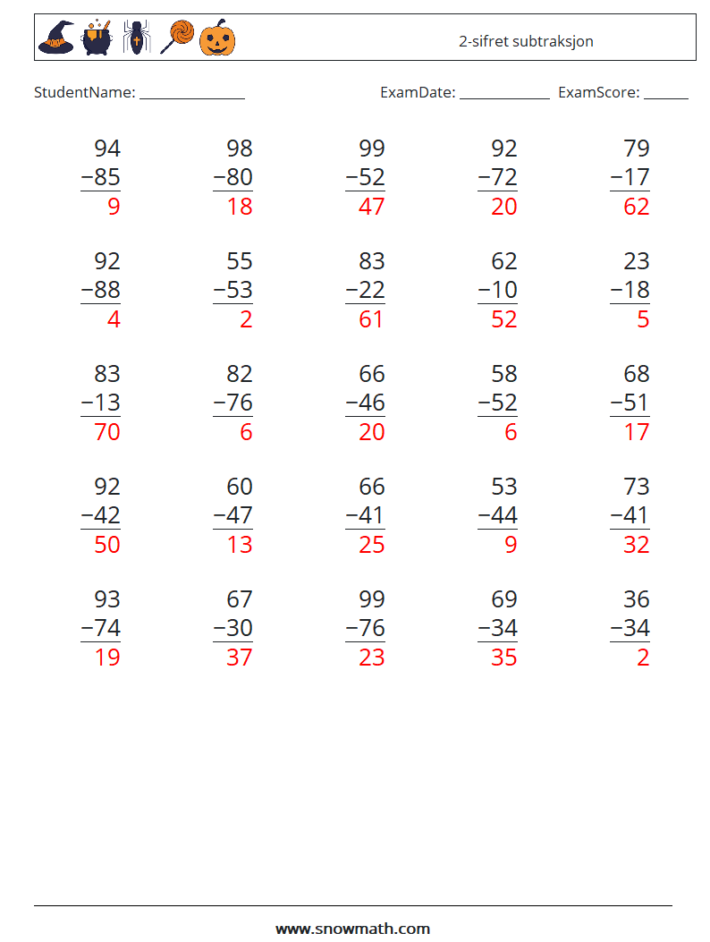 (25) 2-sifret subtraksjon MathWorksheets 4 QuestionAnswer