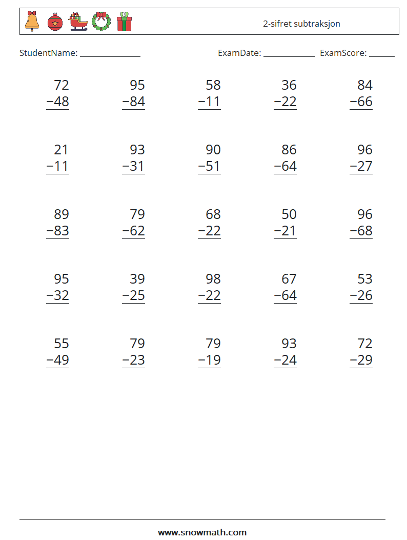 (25) 2-sifret subtraksjon MathWorksheets 5